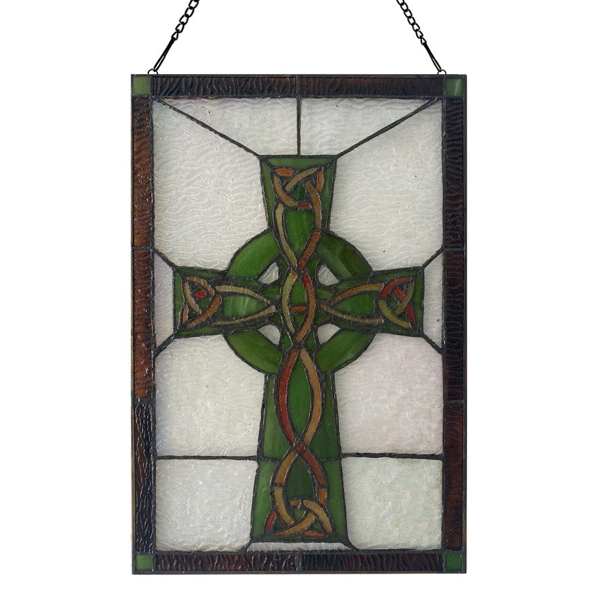 18"H Celtic Cross Stained Glass Window Panel