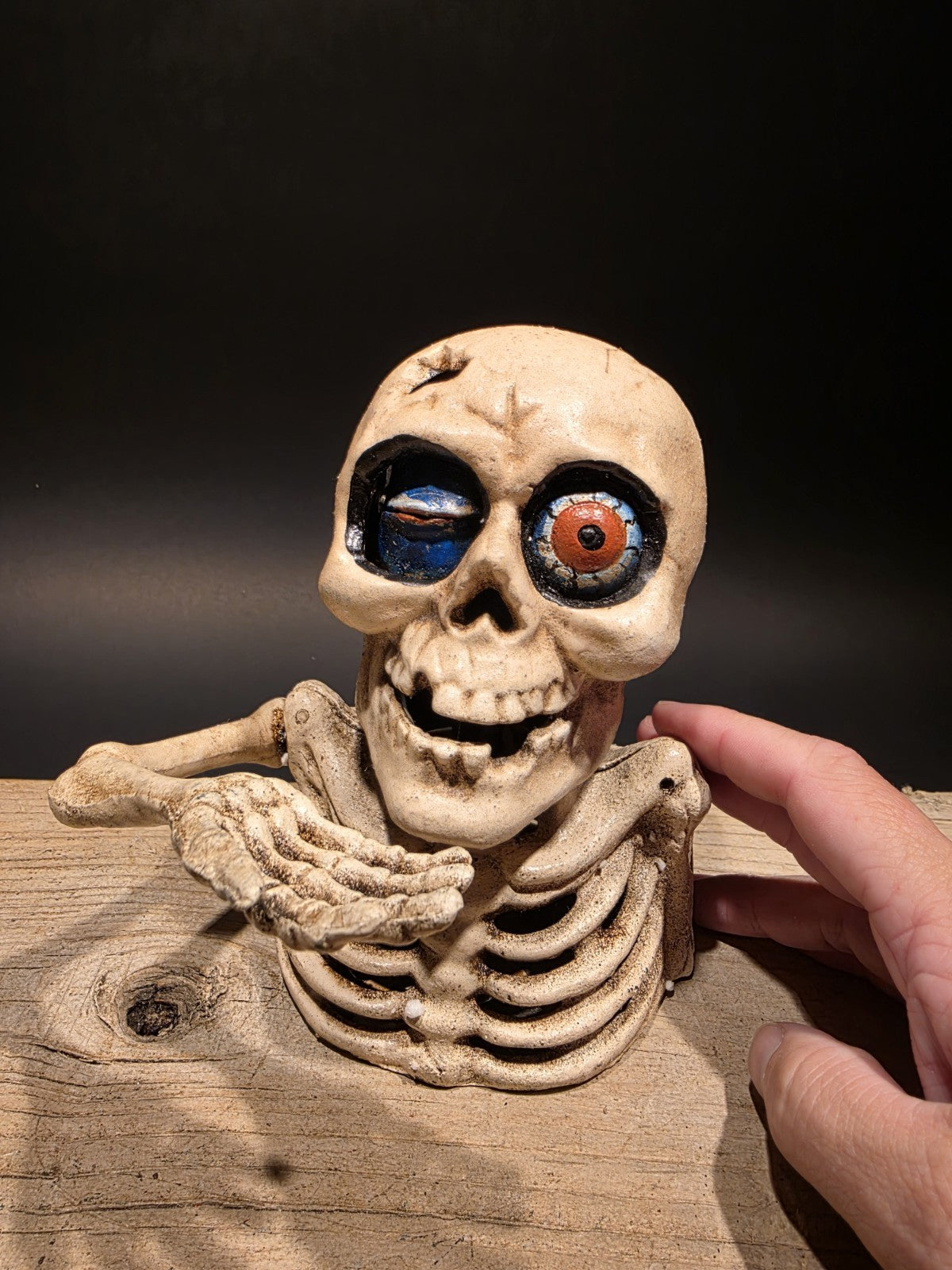 Antique Style Cast Iron Mechanical Halloween Skeleton Coin Bank