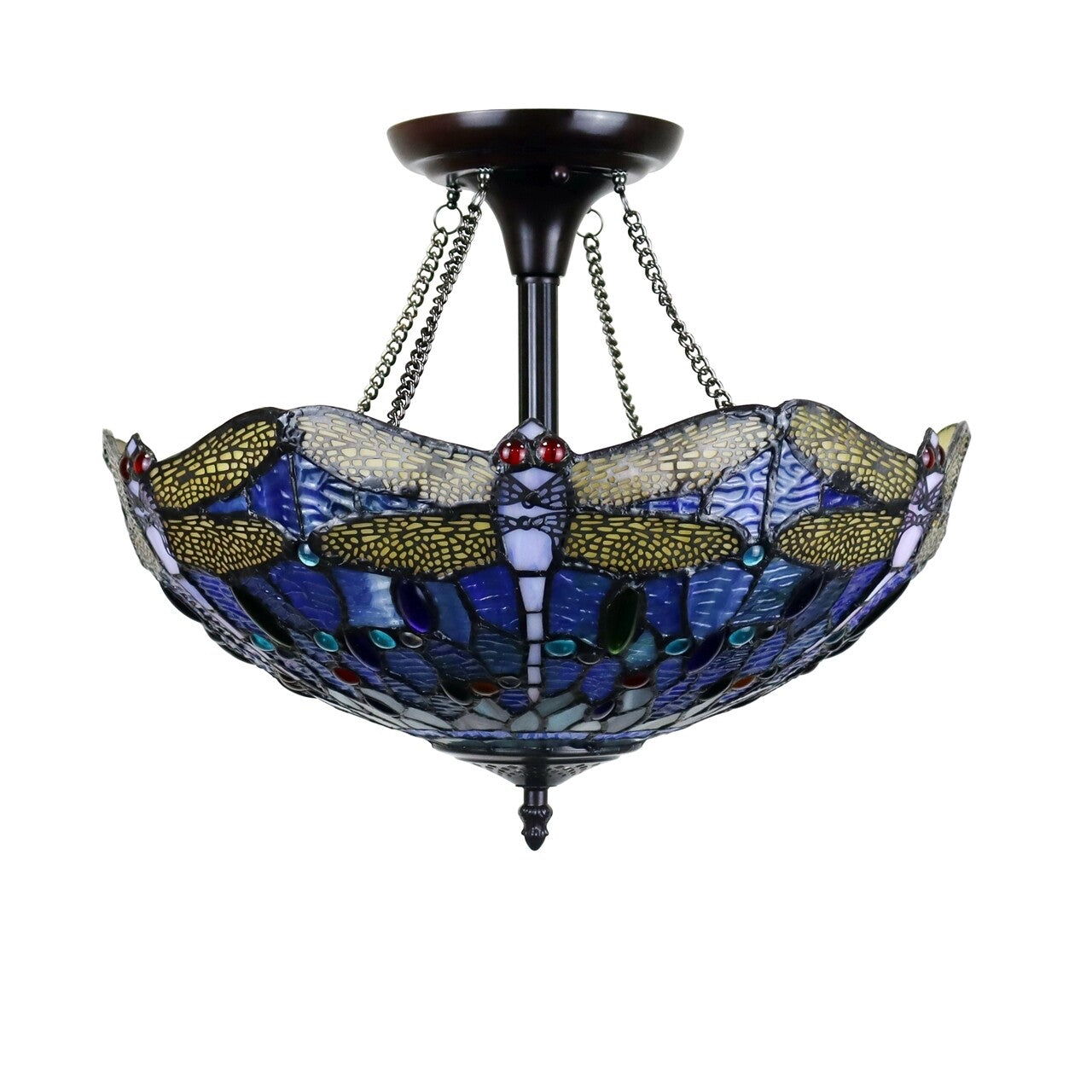 16" Dragonfly Stained Glass Semi Flush Ceiling Uplight