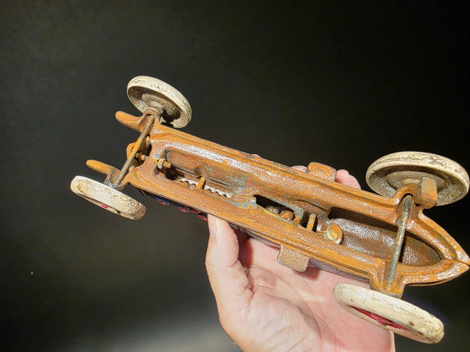 Antique Vintage Style Blue Cast Iron Toy Race Car w Lifting Hood