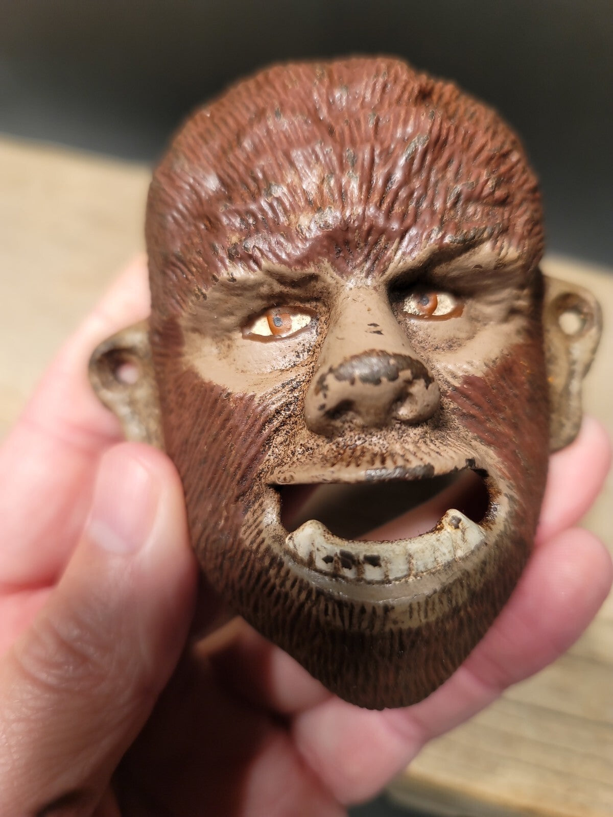 Antique Vintage Style Cast Iron folk art Wolf Man Wall mount Bottle Opener