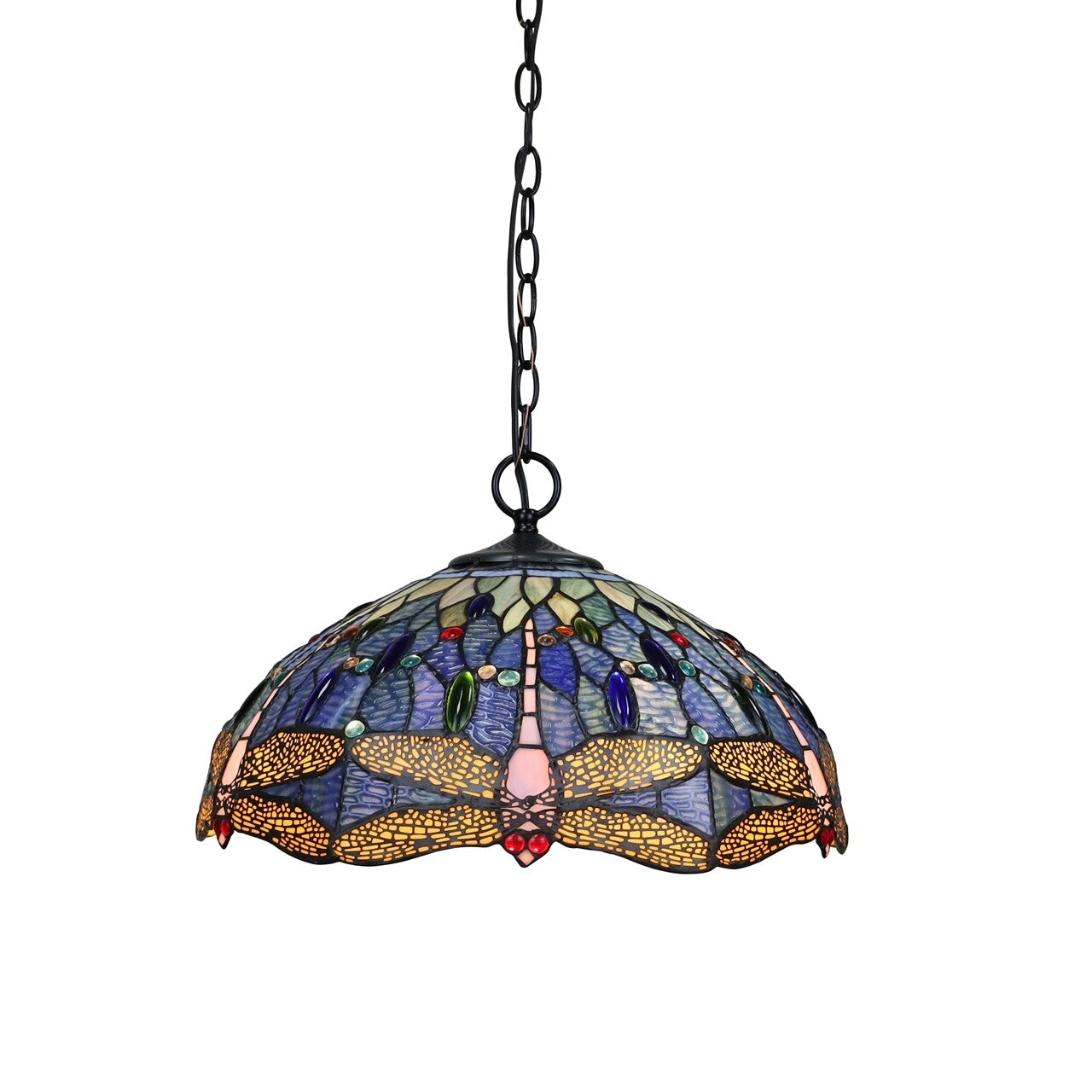18" Stained Glass Blue Dragonfly Pendant Swag Ceiling Light
