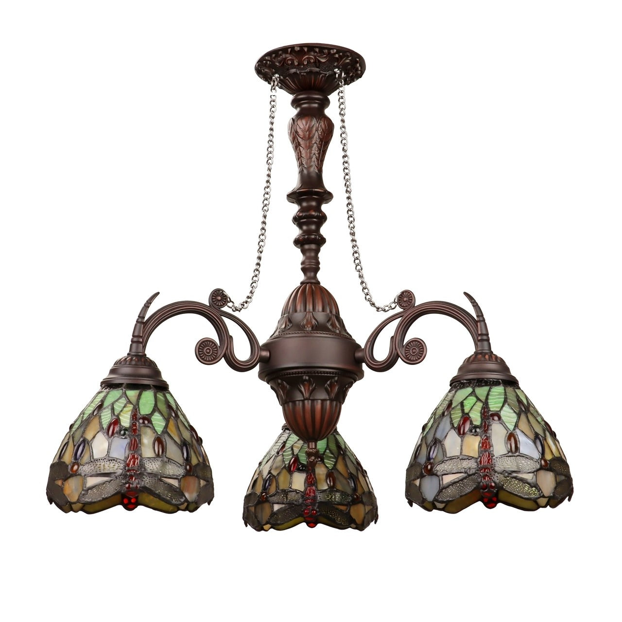 24" 3 Light Stained Glass Dragonfly Hanging Down Light Chandelier