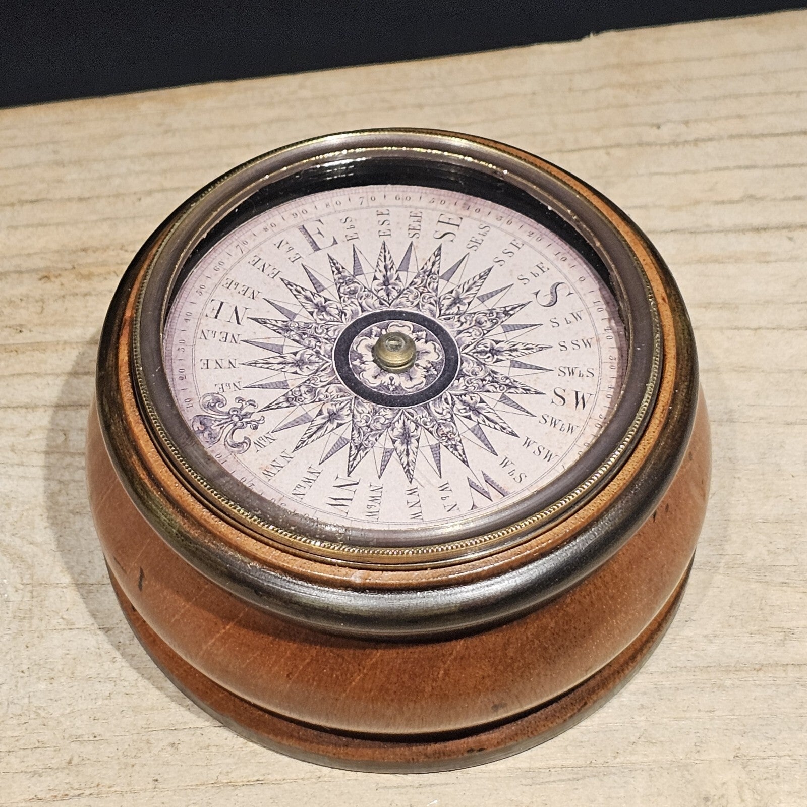 Antique Style Turned Mahagony Wood Compass