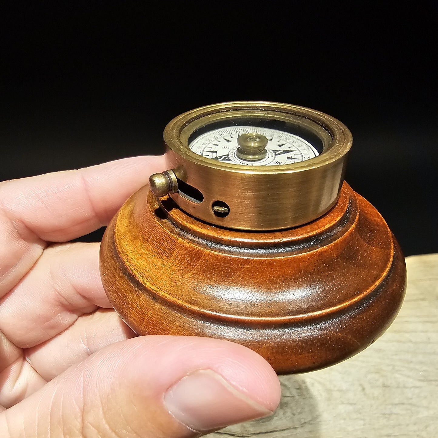 Antique Style Turned Mahagony Wood and Brass Compass