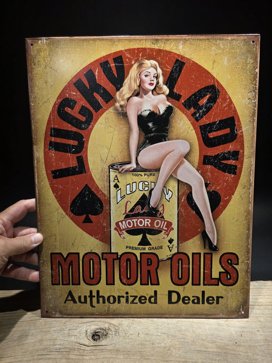 Lucky Lady Motor Oil Vintage-Style Tin Sign Pin-Up Gas & Garage Advertisement