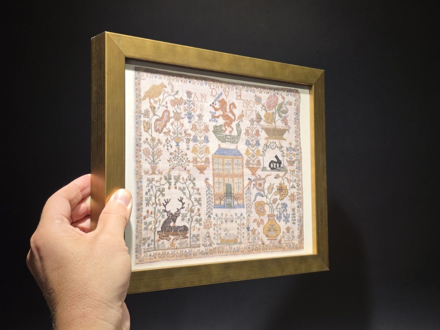 11" x 8.5" Framed Sampler PRINT – Early American Folk Embroidery Design
