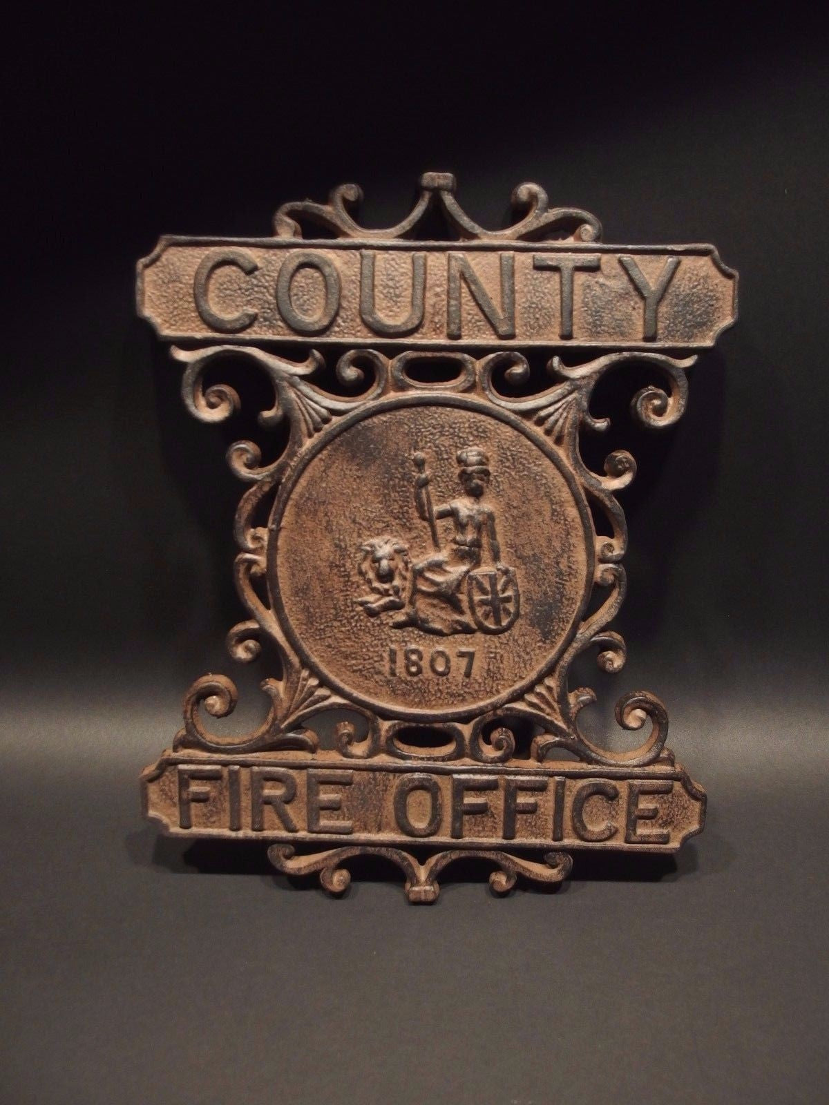Antique Vintage Style Cast Iron County Fire Office Sign 1807 Fireman Plaque
