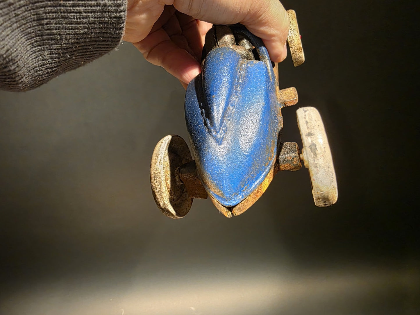 Antique Vintage Style Blue Cast Iron Toy Race Car w Lifting Hood