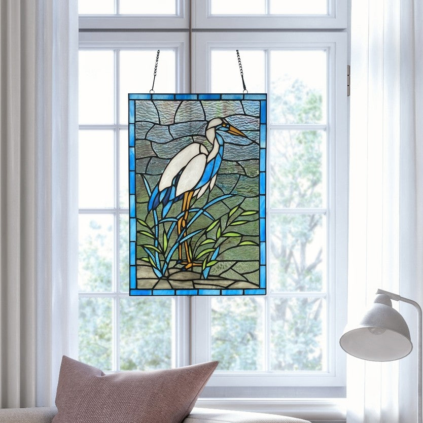18"  White & Blue Crane Stained Glass Window Panel