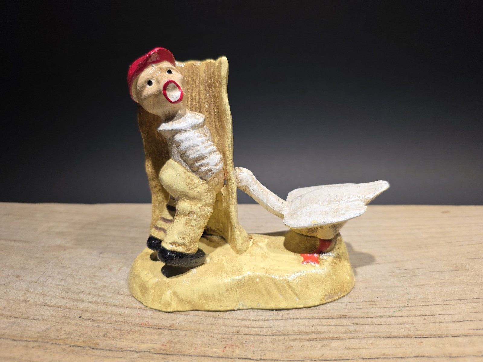 5" Painted Cast Iron Americana Charming Boy Urinating + Goose Figure