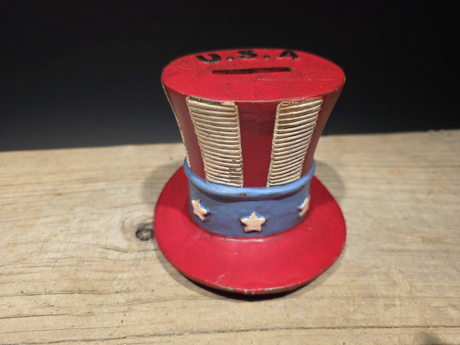 4 1/2" Antique Style Cast Iron USA Patriotic Hat Coin Bank