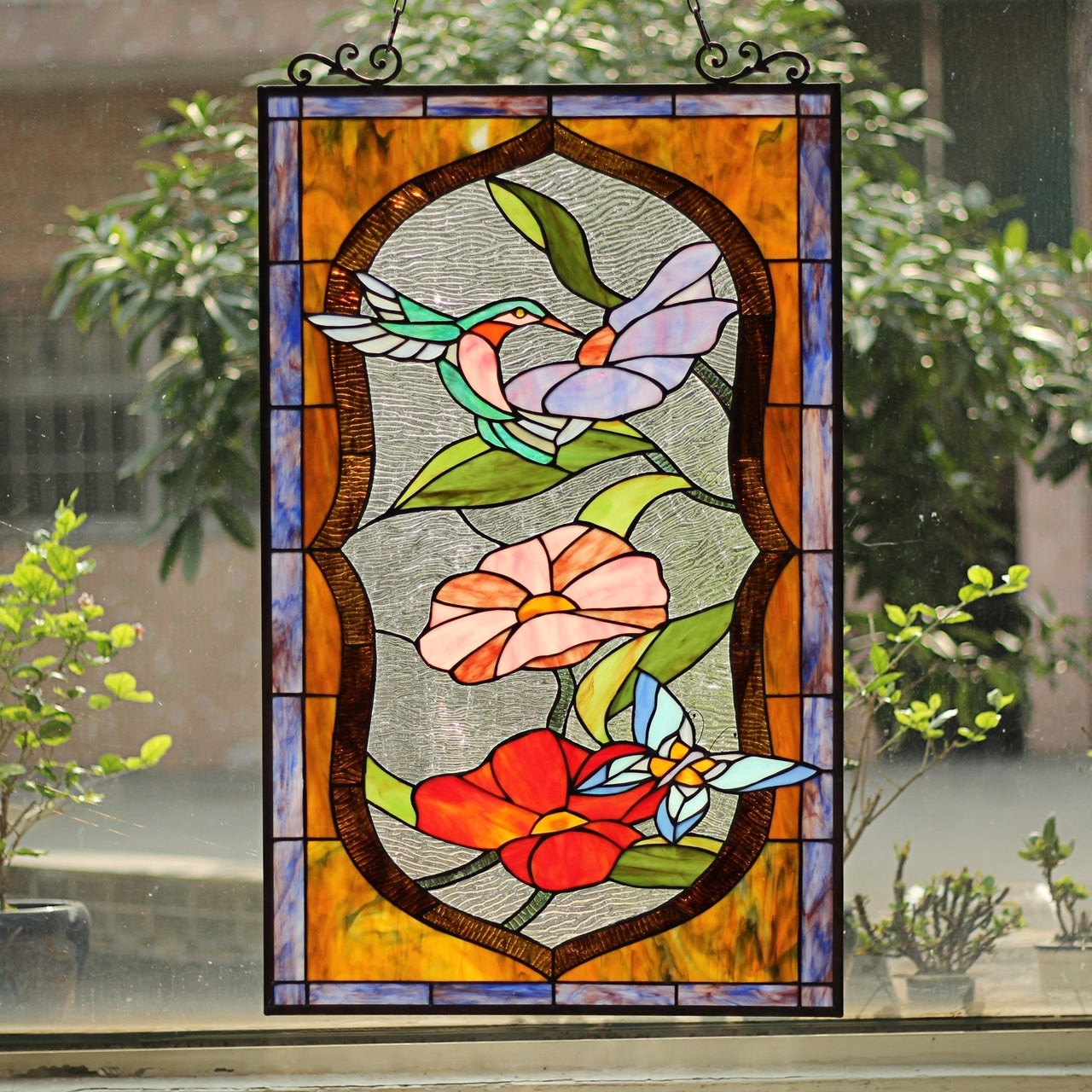 32.68" Tiffany Style Stained Glass Window Panel Poppy & Hummingbird