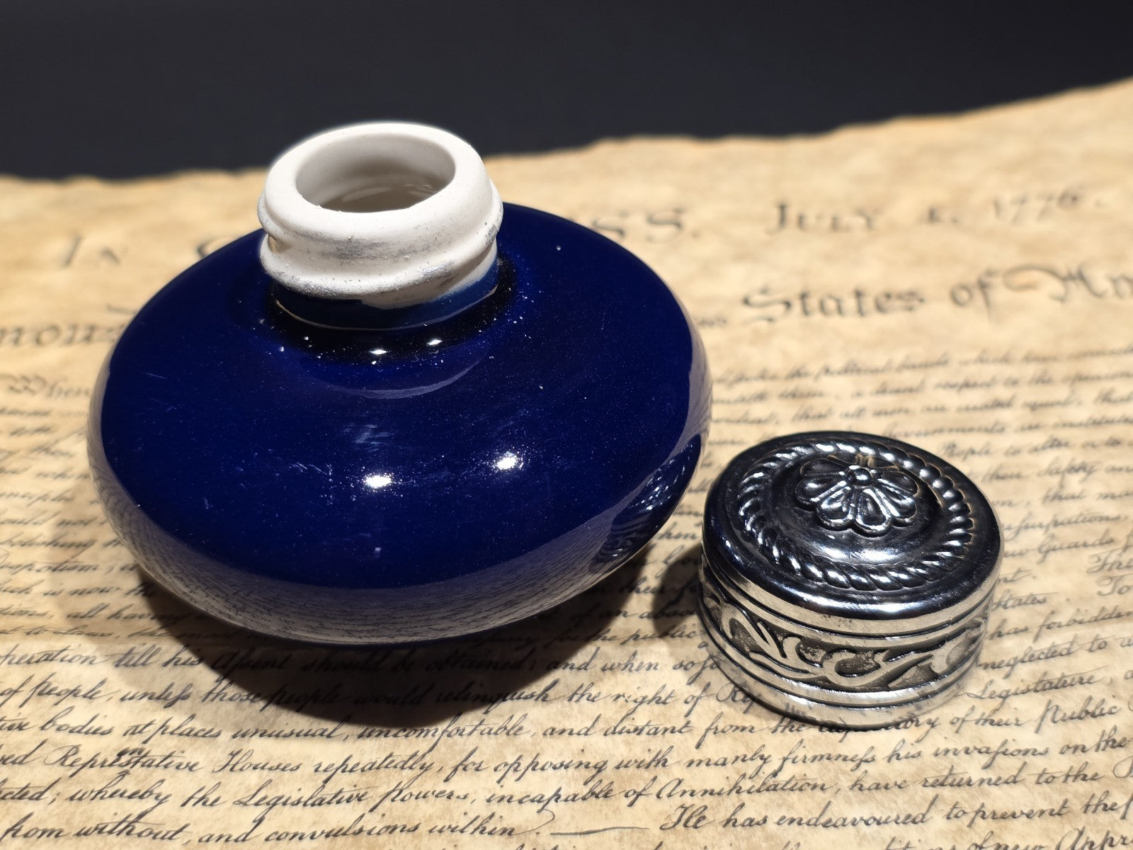 3" Cobalt Blue Ceramic Inkwell Inkpot With Silver Metal Screw Lid