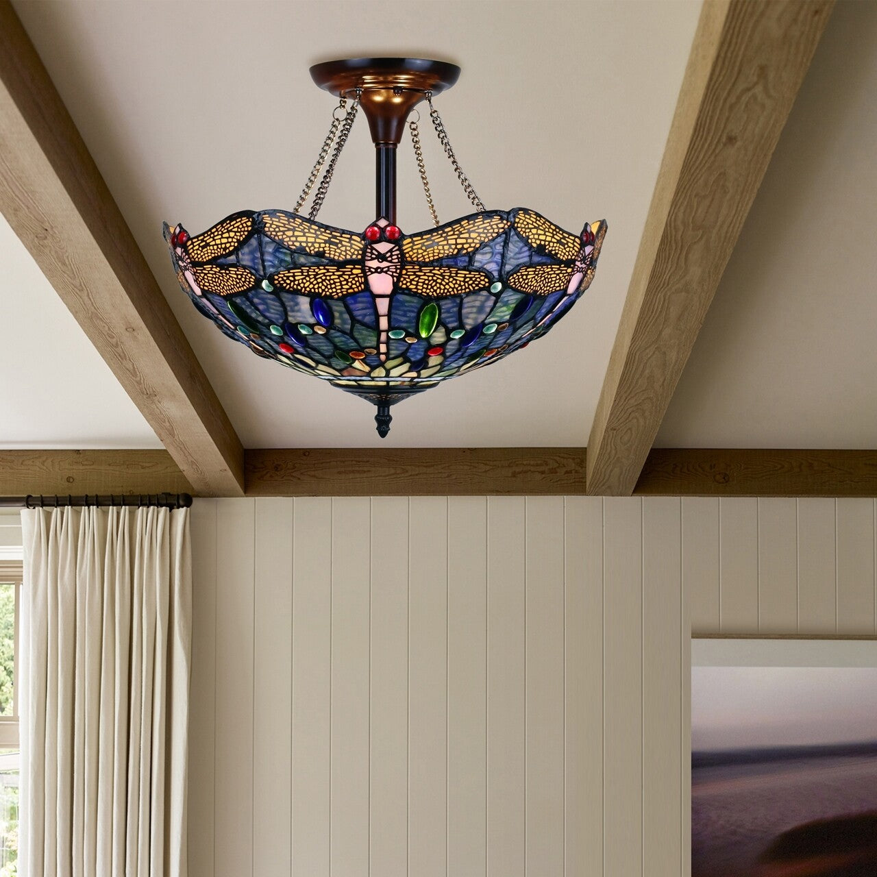 16" Dragonfly Stained Glass Semi Flush Ceiling Uplight