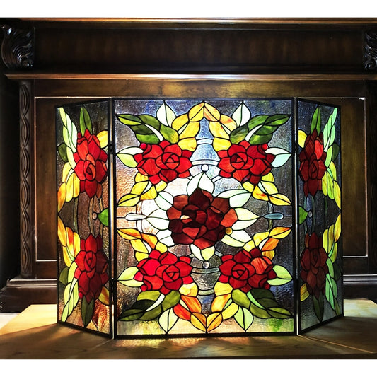 40" Folding Stained Glass Fireplace Screen
