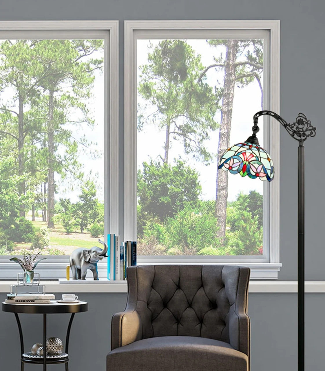 60" Antique Vintage Style Stained Glass Reading Floor Lamp