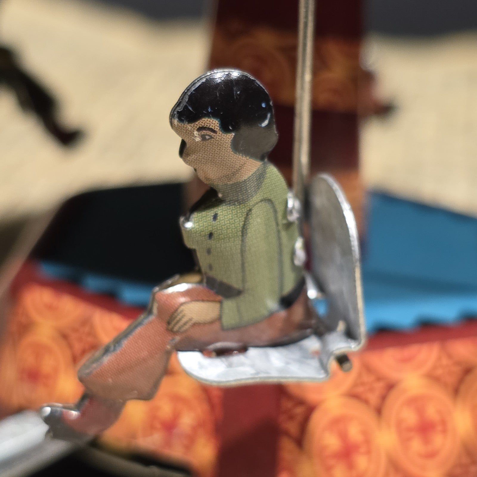 Vintage Style Tin Litho Carousel Swing Ride Wind-Up Amusement Park Toy