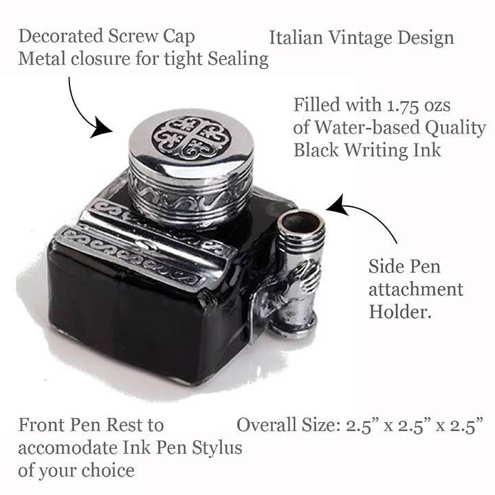 5" Antique Style Glass Inkwell Pen Rest Filled with 1.75 oz Black Ink