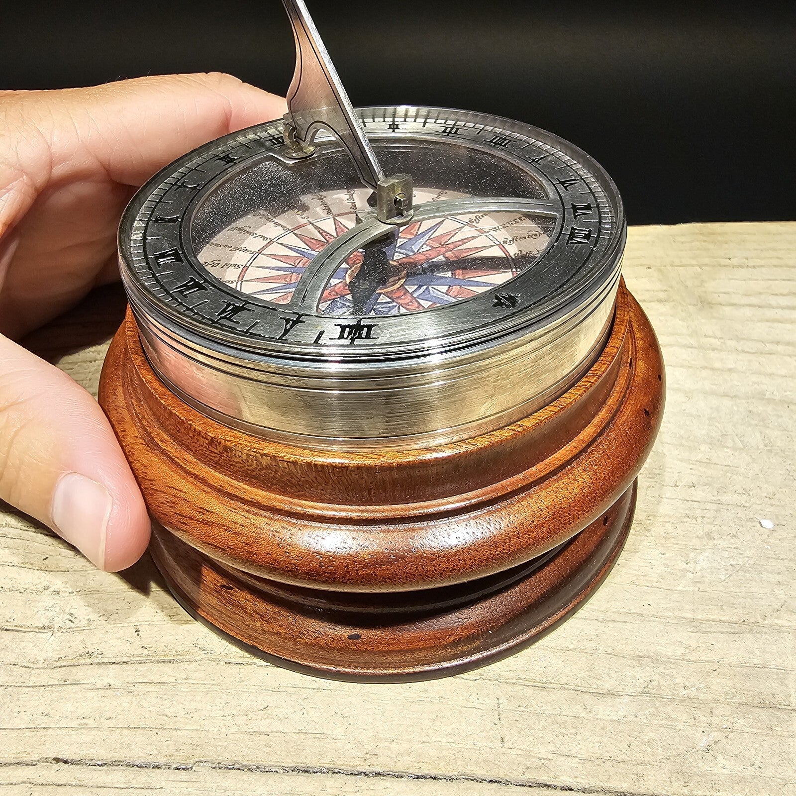 Antique Style Turned Mahagony Wood and Silver Plated Bronze Sundial Compass
