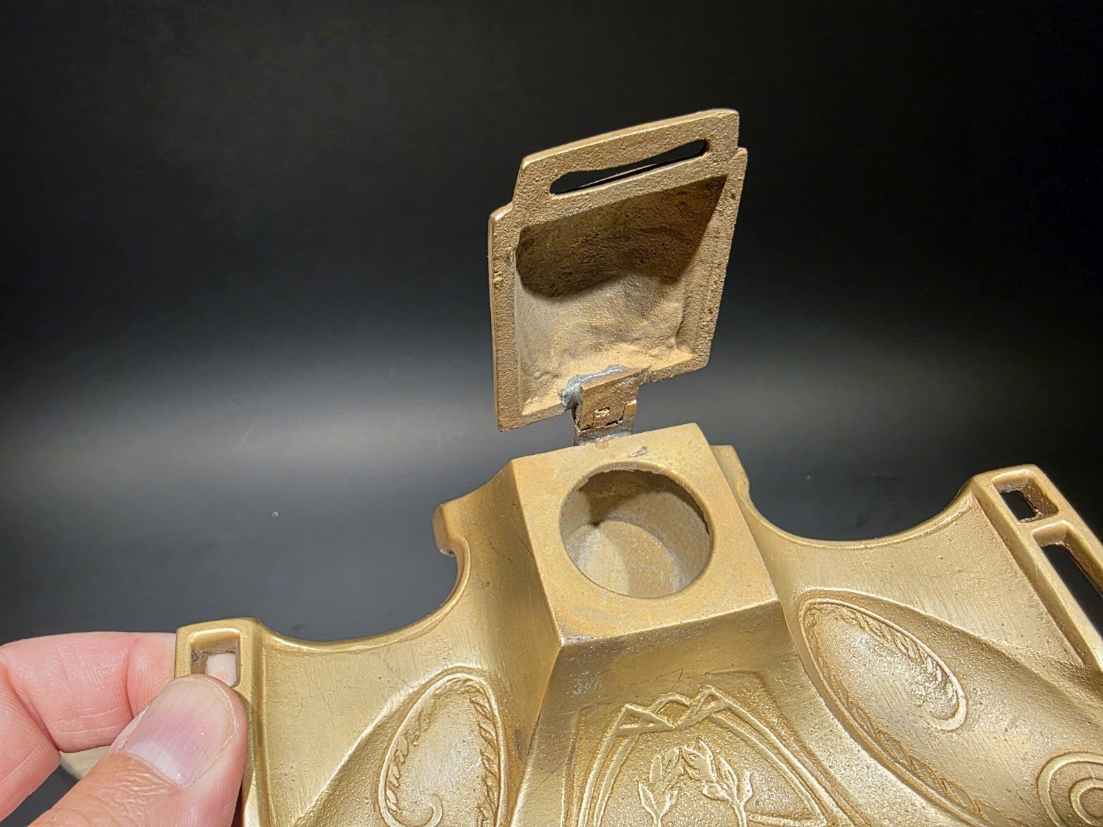 Antique Style Brass Pen Holder Inkwell Desk Stand