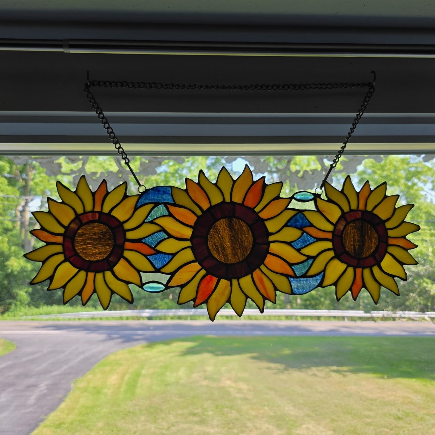 22" Stained Glass Sunflower Window Panel – 3 Flower Suncatcher