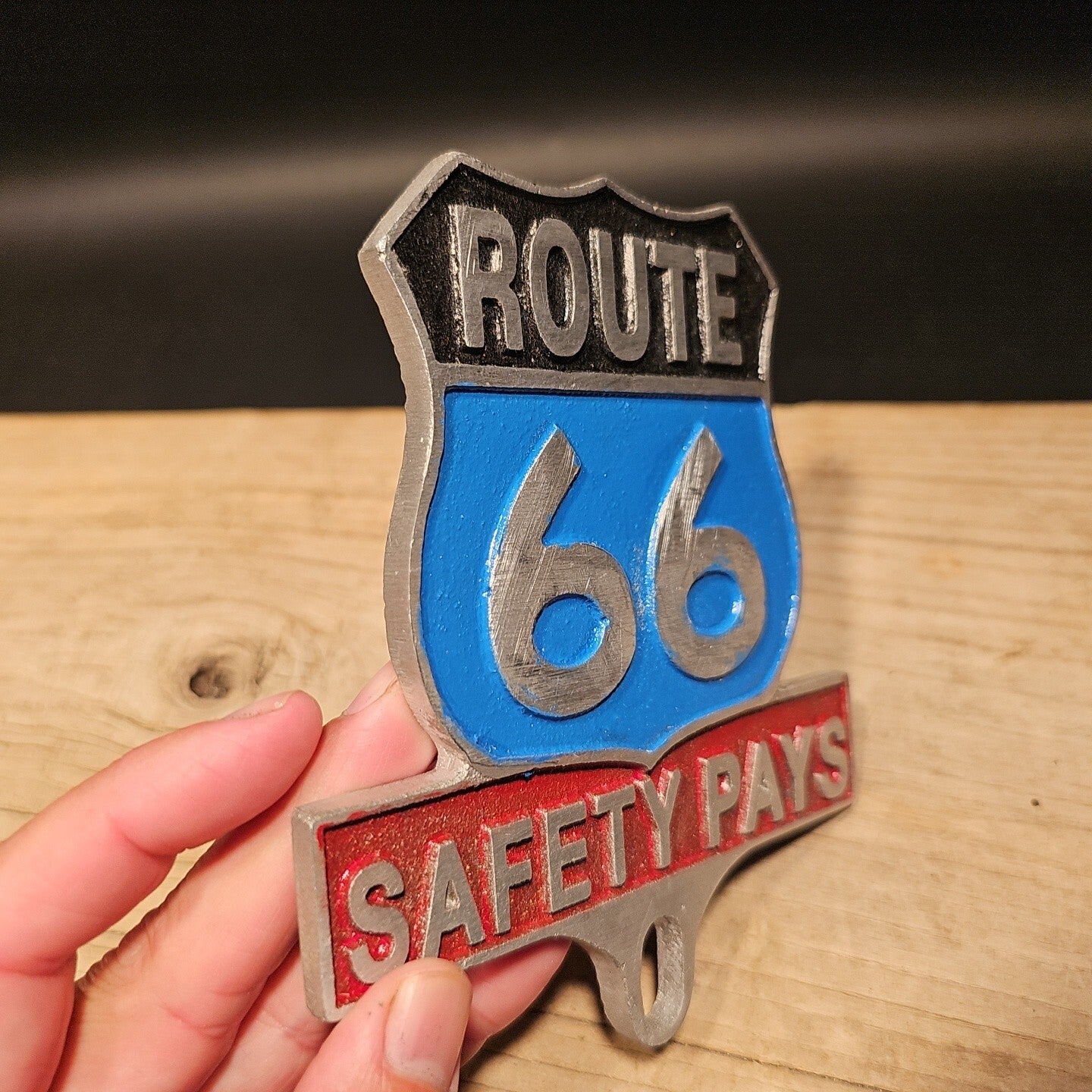 Antique Vintage Style Aluminum Route 66 Safety License Plate Fob Topper