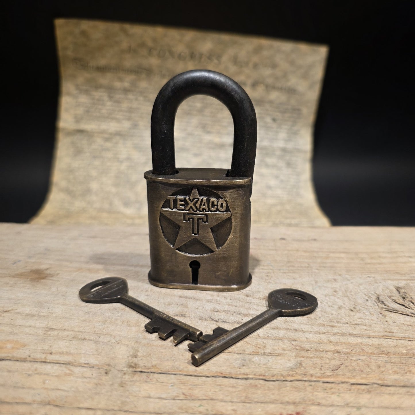 4" Antique Style Brass & Iron Texaco Padlock with Keys Oil Company Lock