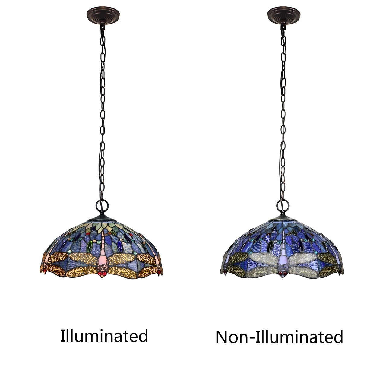 18" Stained Glass Blue Dragonfly Pendant Swag Ceiling Light
