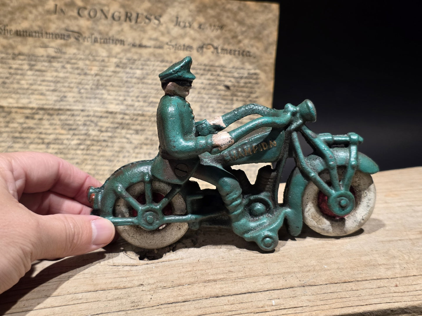 7" Vintage Cast Iron Police Motorcycle Toy Champion Patrol Officer Antique Style