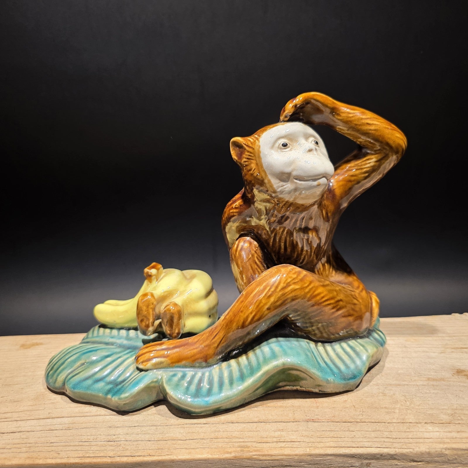 8" Majolica Style Monkey with Bananas Figurine – Wilson Ceramic Statue