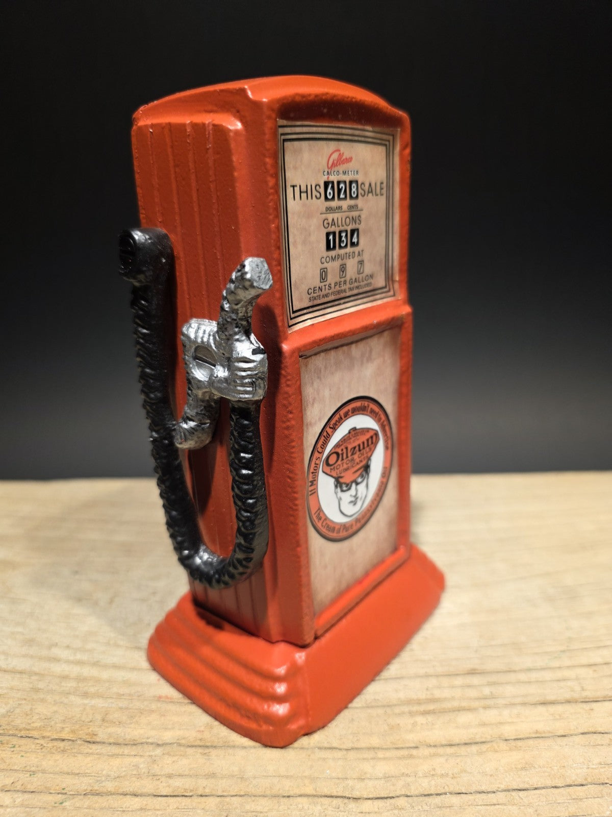 Vintage Style Metal Oilzum Gasoline Orange Mini Gas Pump Coin Bank