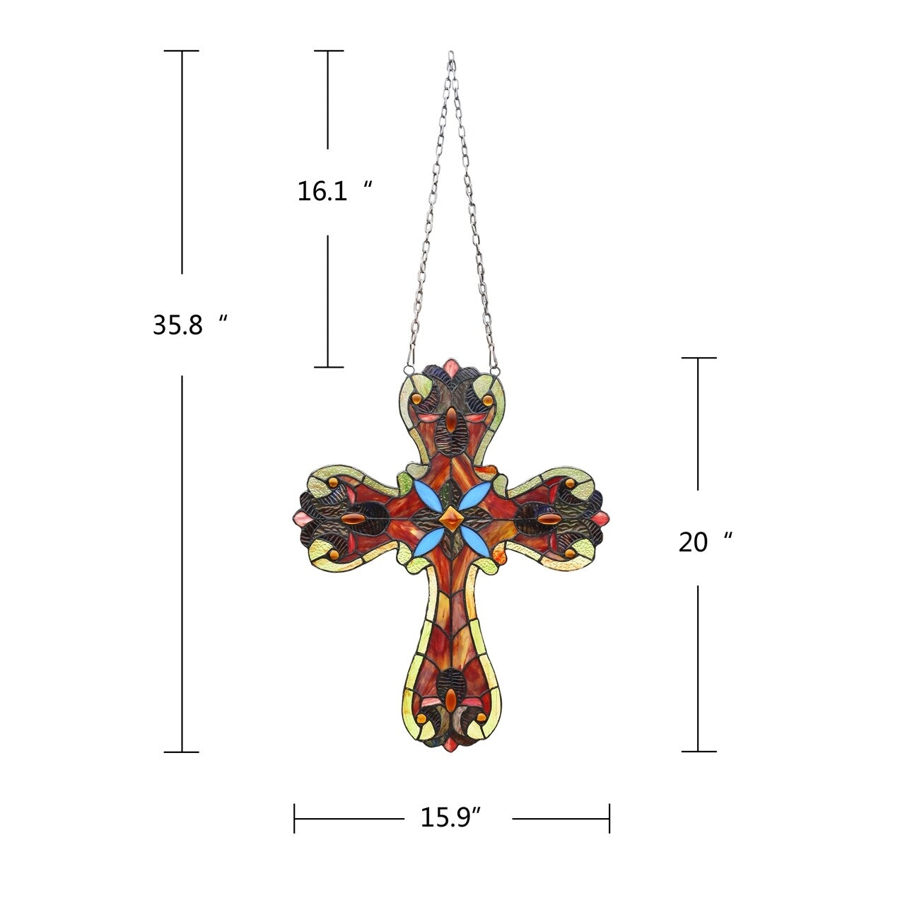 20" Antique Vintage Style Stained Glass Cross Window Hanging Panel Suncatcher