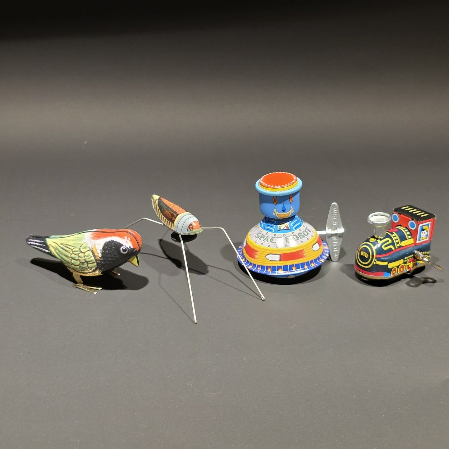 Vintage Tin Litho Wind-Up 5 Toy  Lot – Robot UFO Bird Train Cricket
