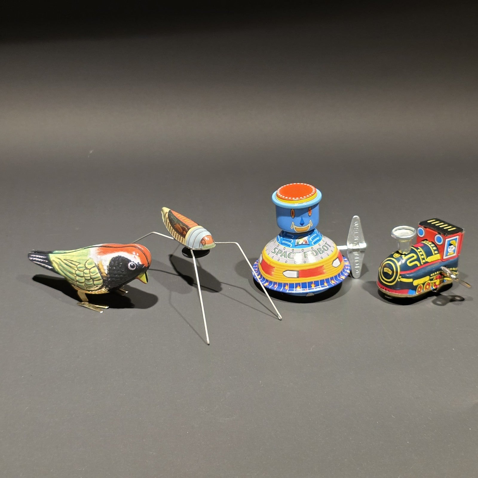Vintage Tin Litho Wind-Up 5 Toy  Lot – Robot UFO Bird Train Cricket