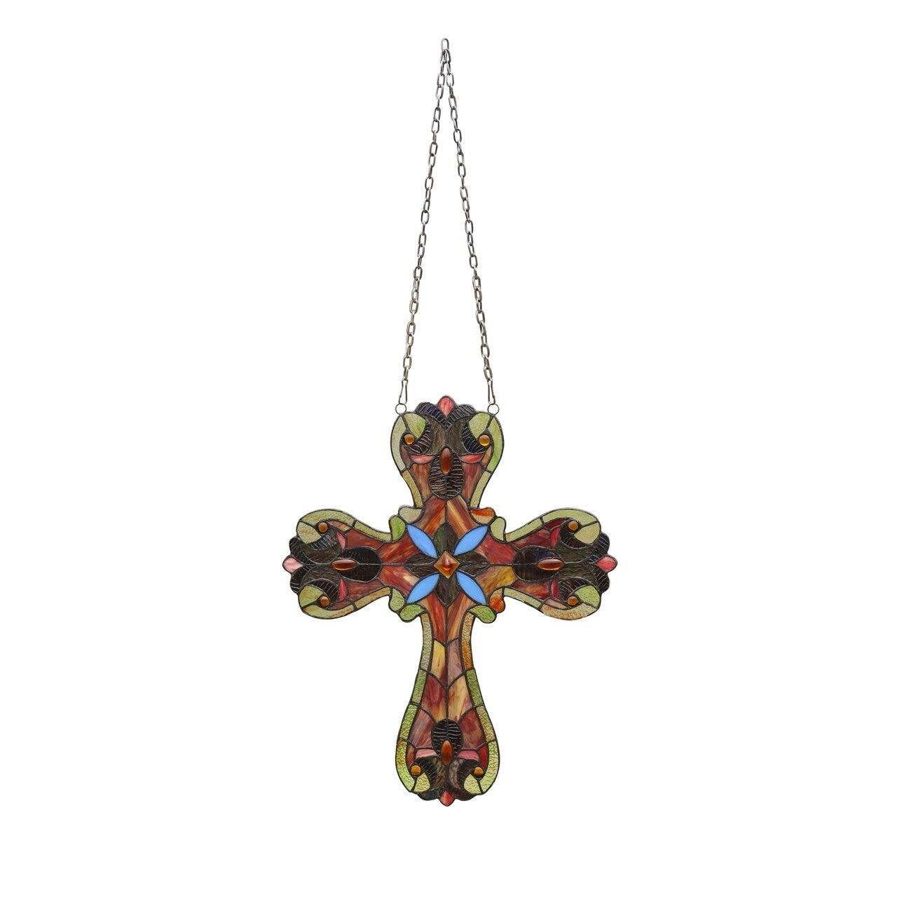 20" Antique Vintage Style Stained Glass Cross Window Hanging Panel Suncatcher