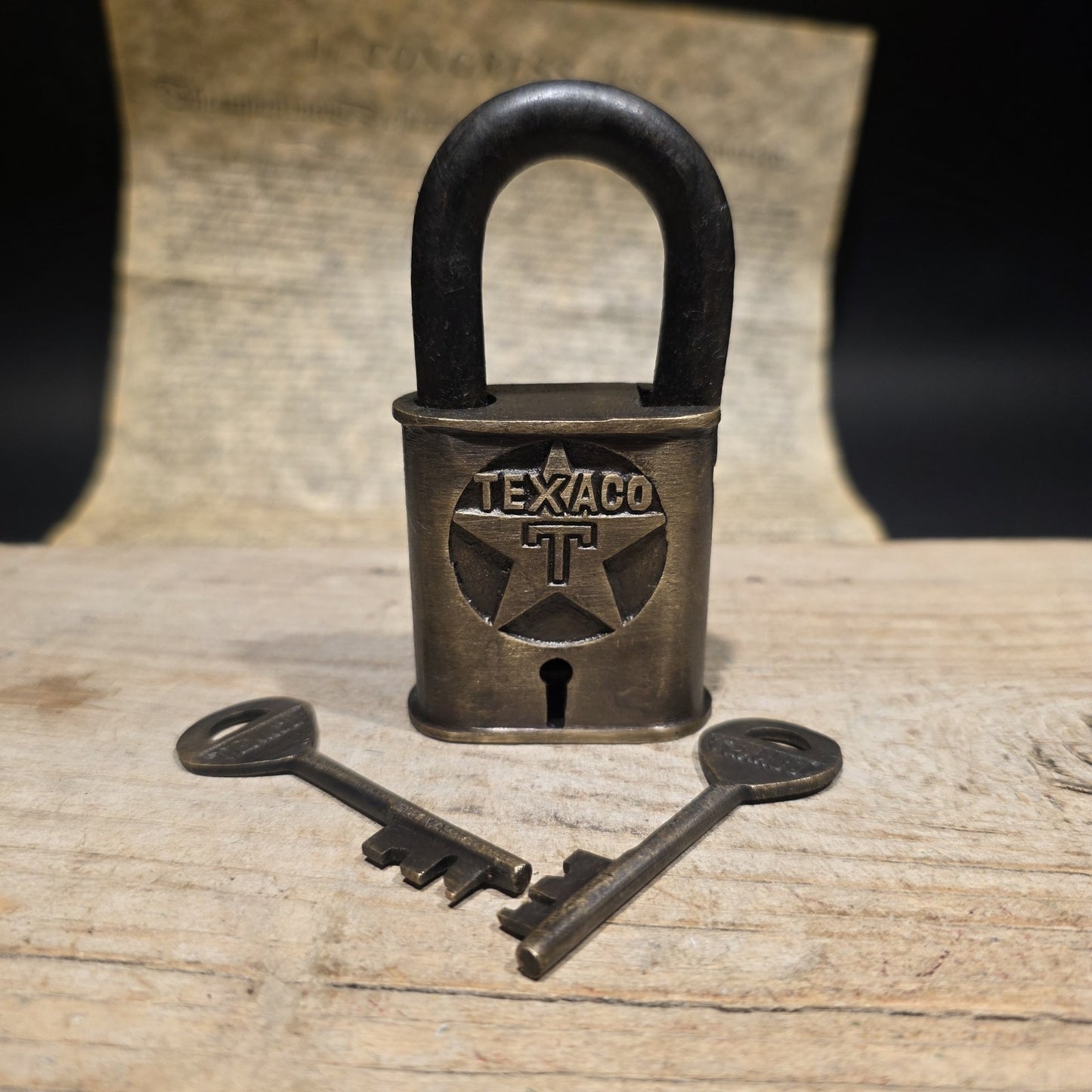 4" Antique Style Brass & Iron Texaco Padlock with Keys Oil Company Lock