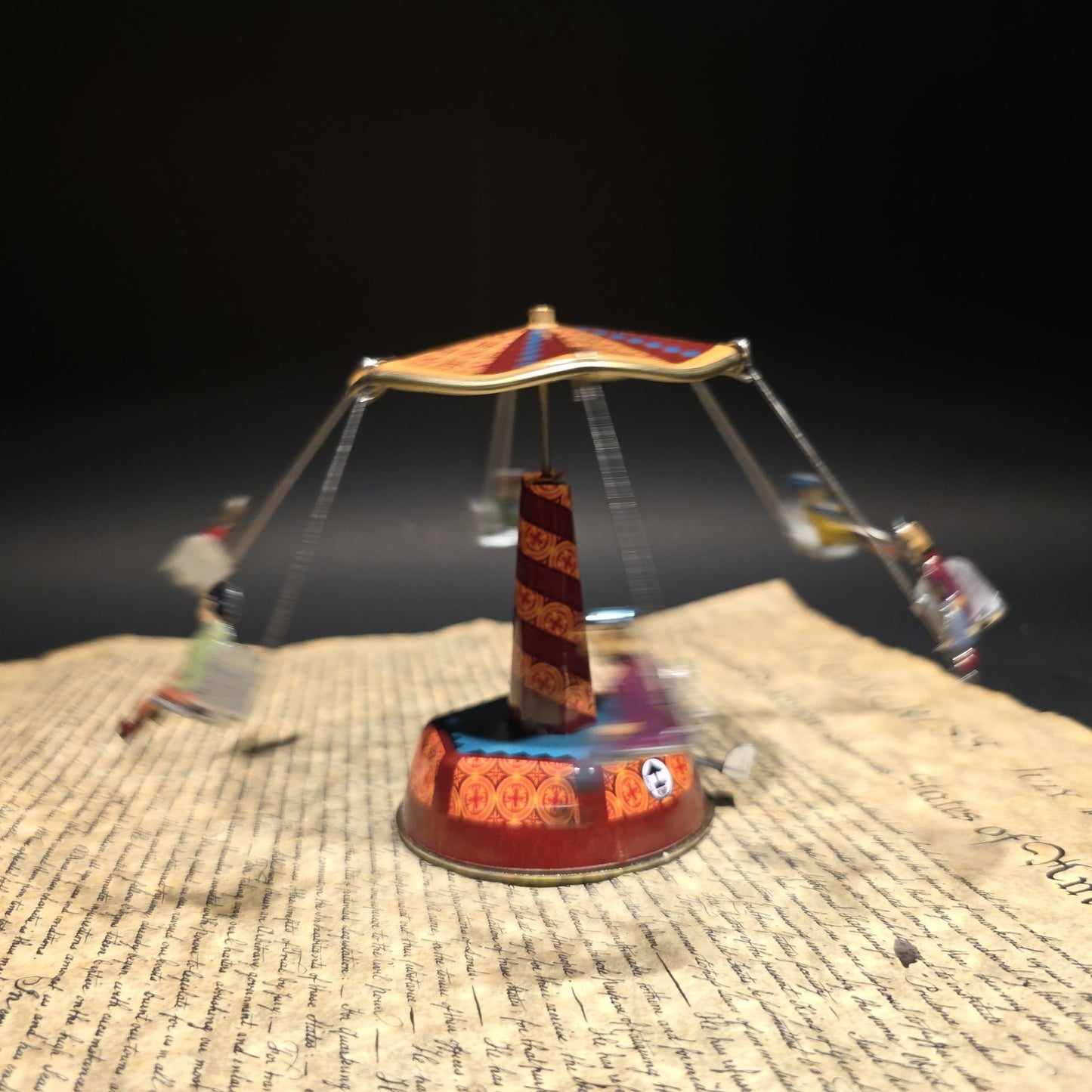 Vintage Style Tin Litho Carousel Swing Ride Wind-Up Amusement Park Toy
