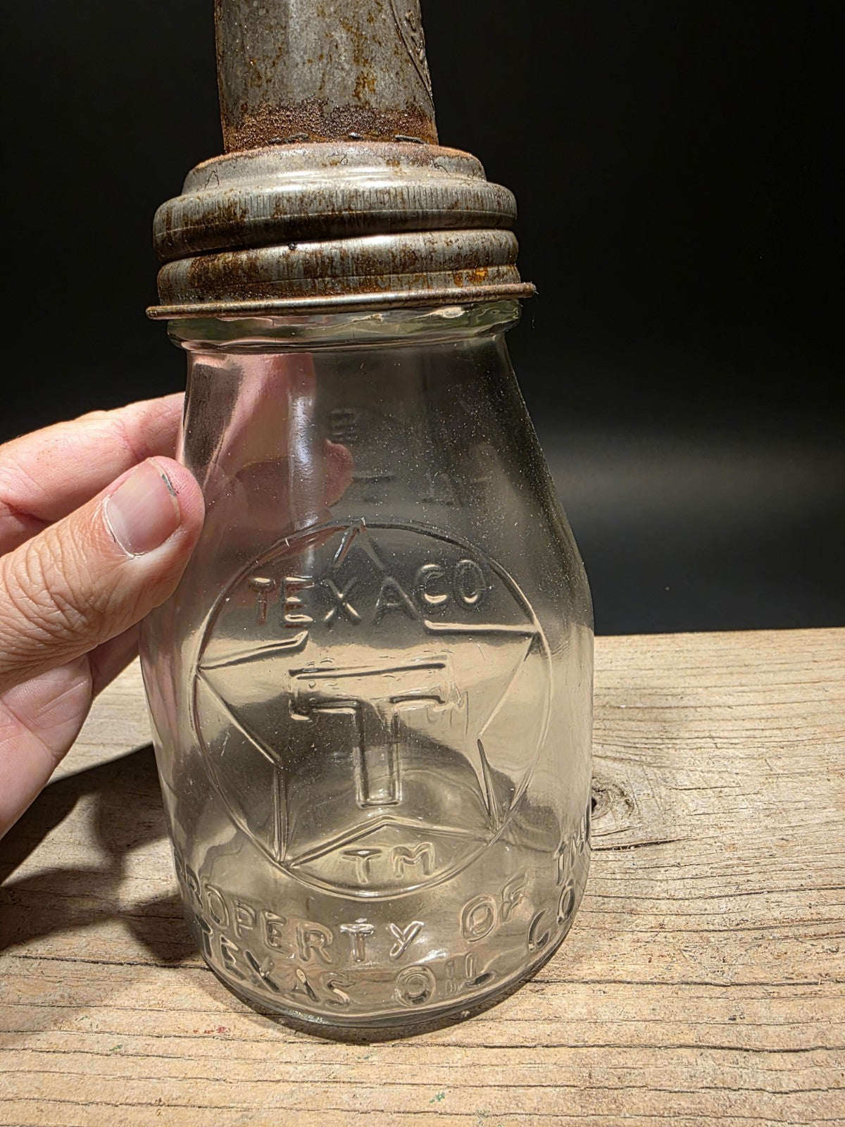 11" Vintage Style Glass Texaco Oil Bottle w Spout