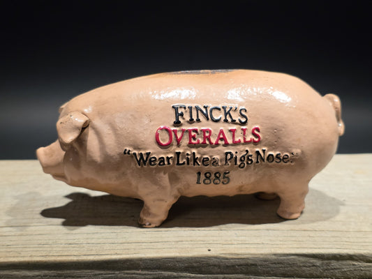 8" Antique Style Cast Iron Advertising Americana  Finck’s Overalls Coin Bank