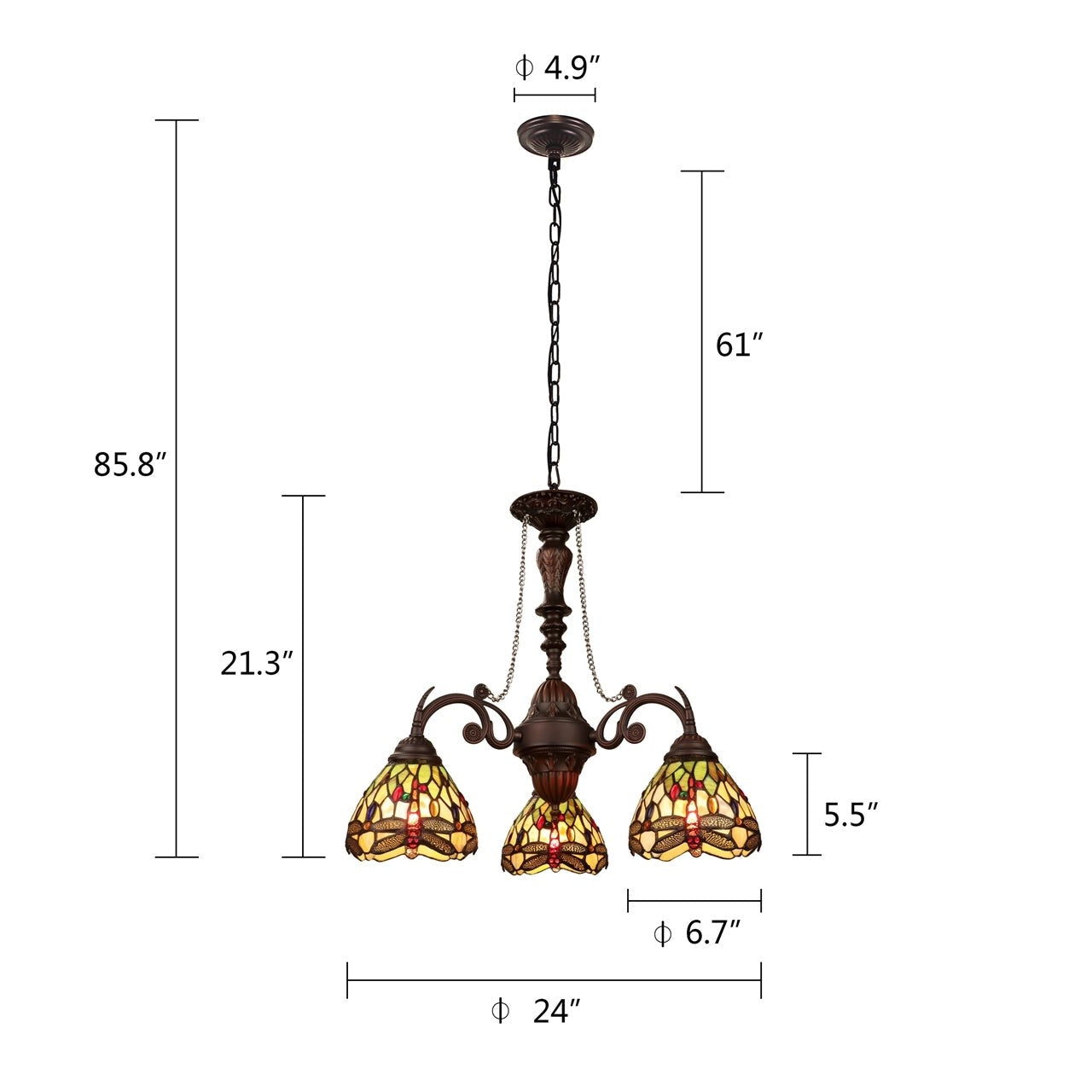 24" 3 Light Stained Glass Dragonfly Hanging Down Light Chandelier