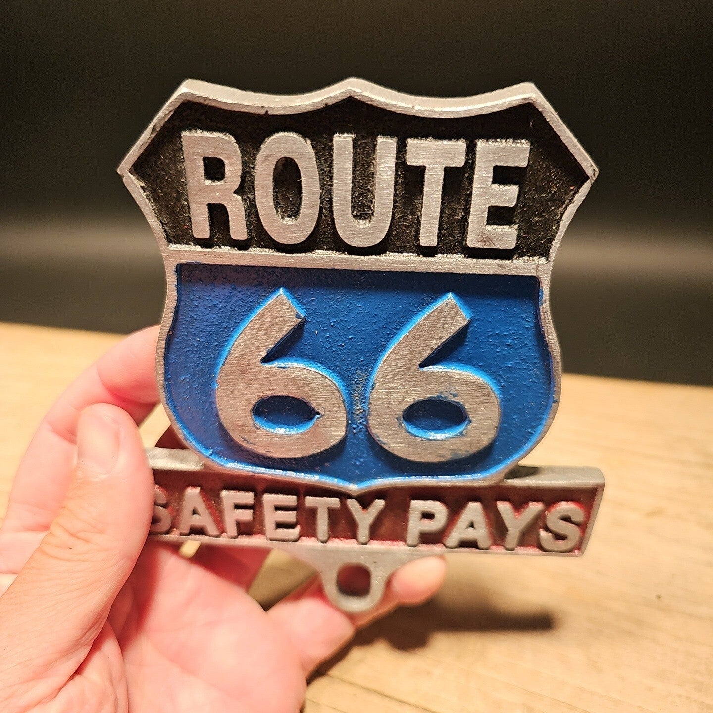 Antique Vintage Style Aluminum Route 66 Safety License Plate Fob Topper