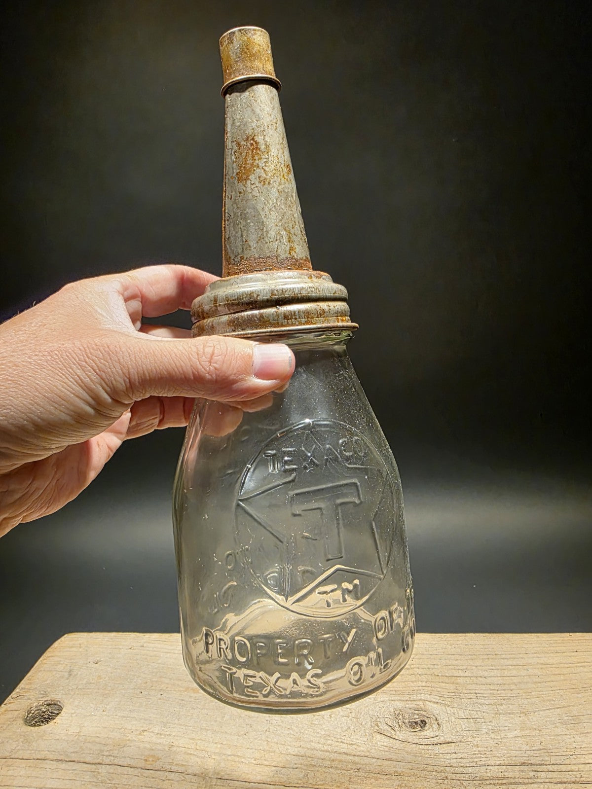 11" Vintage Style Glass Texaco Oil Bottle w Spout