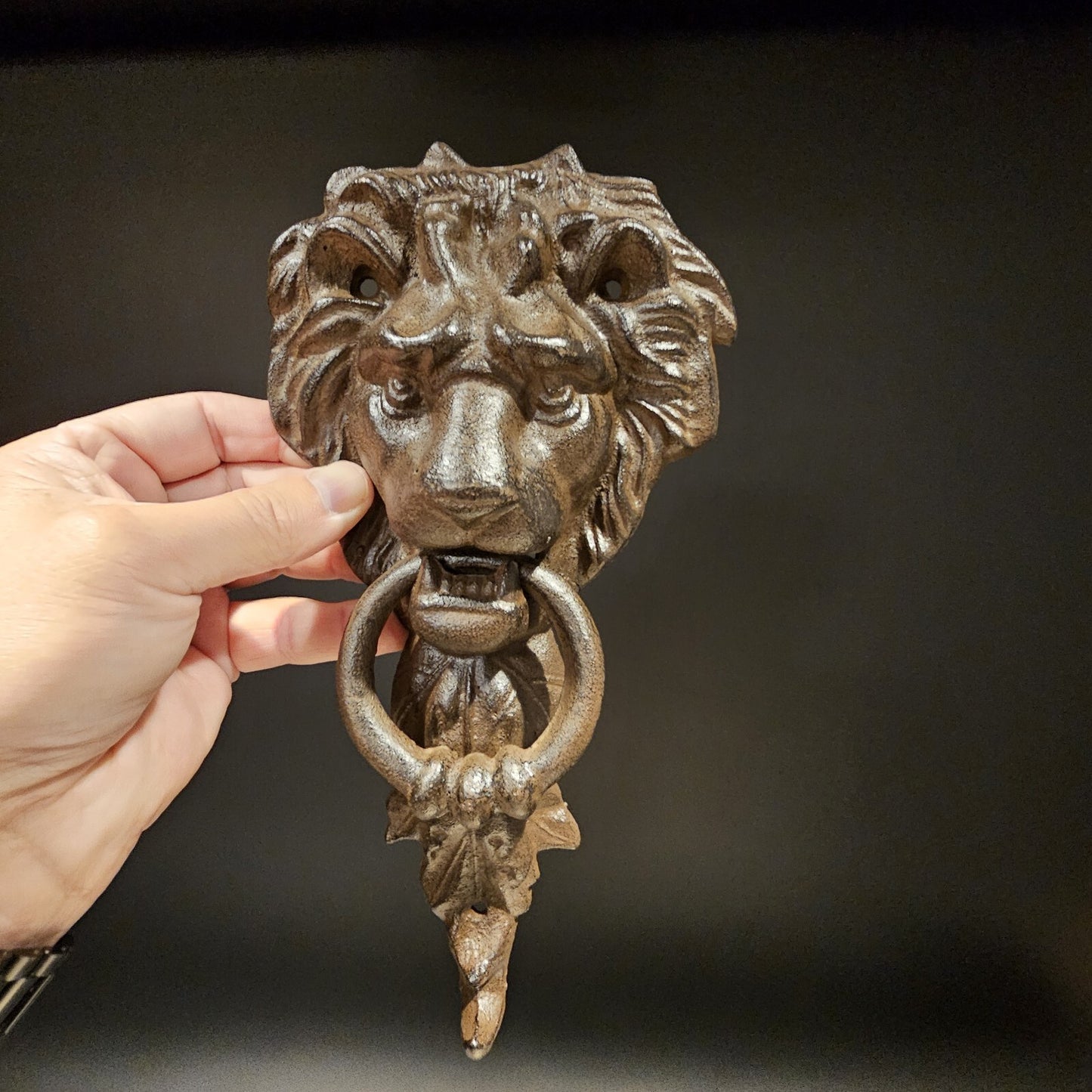 Antique Vintage Style Cast Iron Lion Door Knocker w Hook