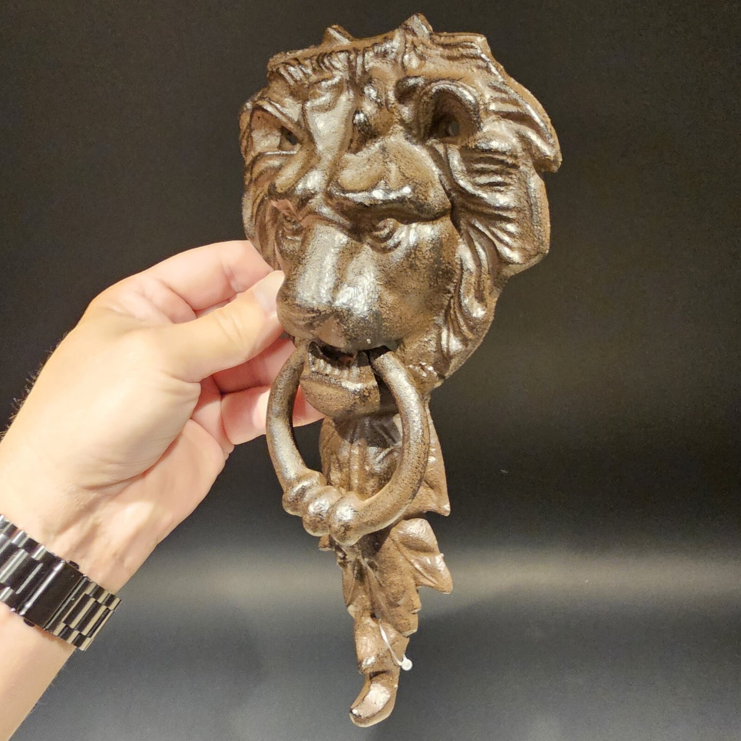 Antique Vintage Style Cast Iron Lion Door Knocker w Hook