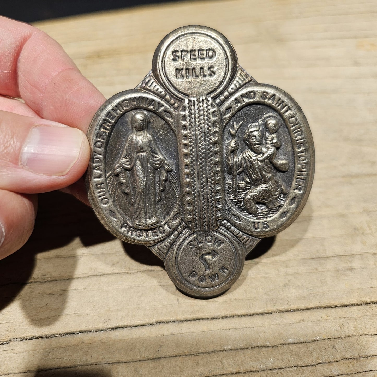Antique Vintage Style Aluminum St. Christopher Patron of Safe Travel Visor Clip