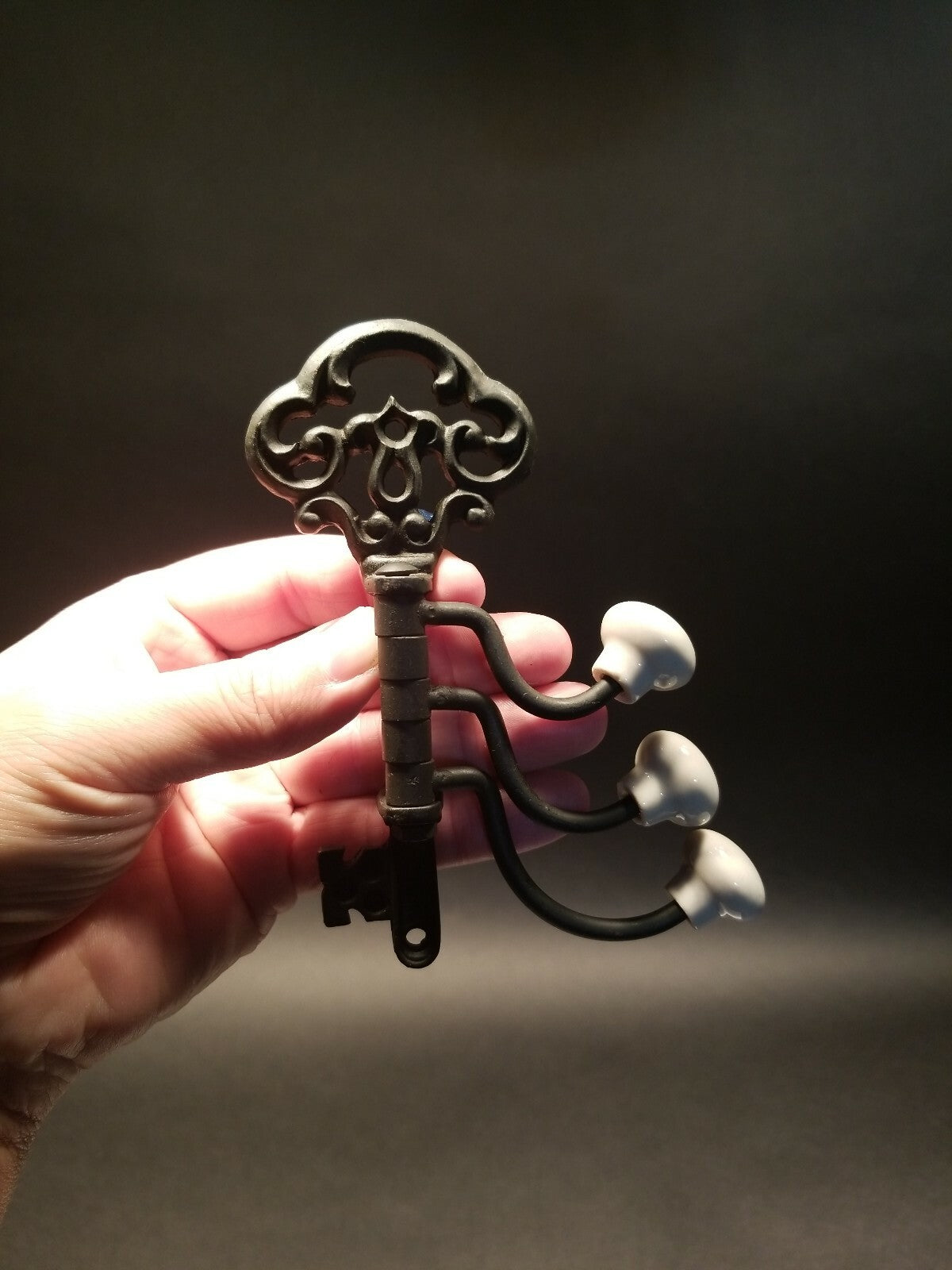Antique Vintage Style Cast Iron Key Swivel Hook W Porcelain Knobs