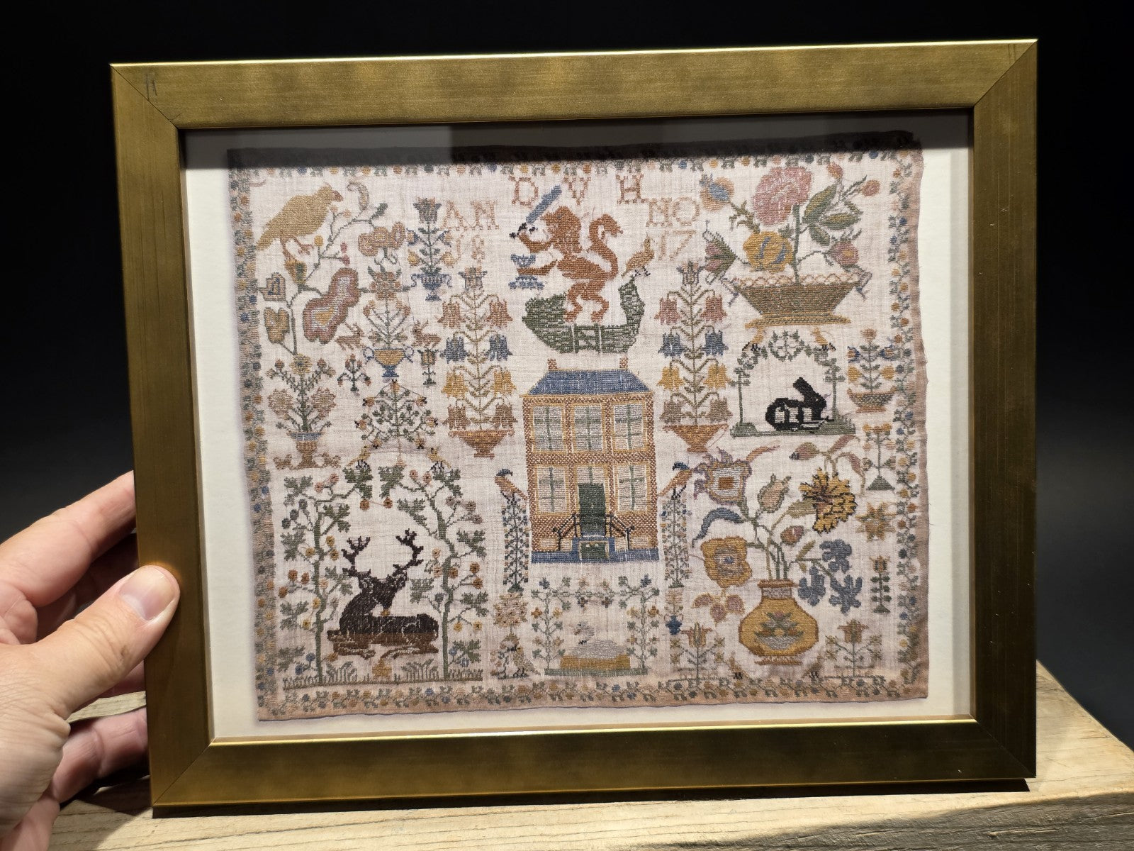 11" x 8.5" Framed Sampler PRINT – Early American Folk Embroidery Design