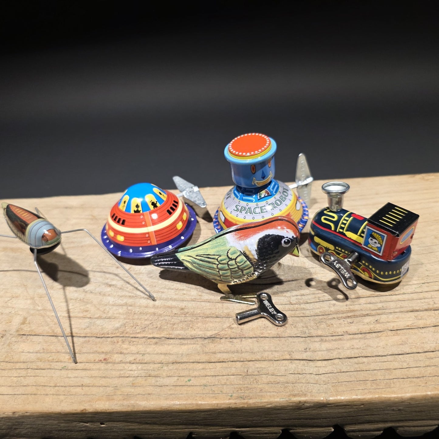 Vintage Tin Litho Wind-Up 5 Toy  Lot – Robot UFO Bird Train Cricket