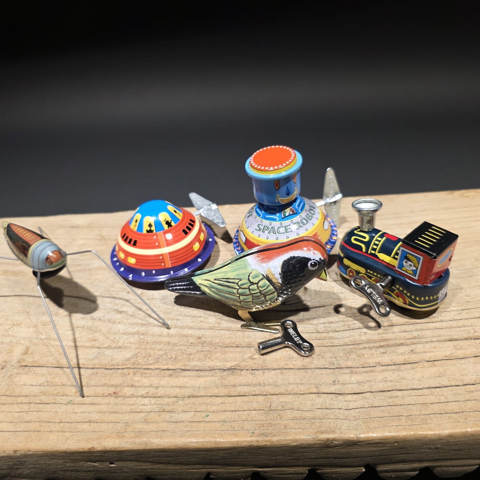 Vintage Tin Litho Wind-Up 5 Toy  Lot – Robot UFO Bird Train Cricket